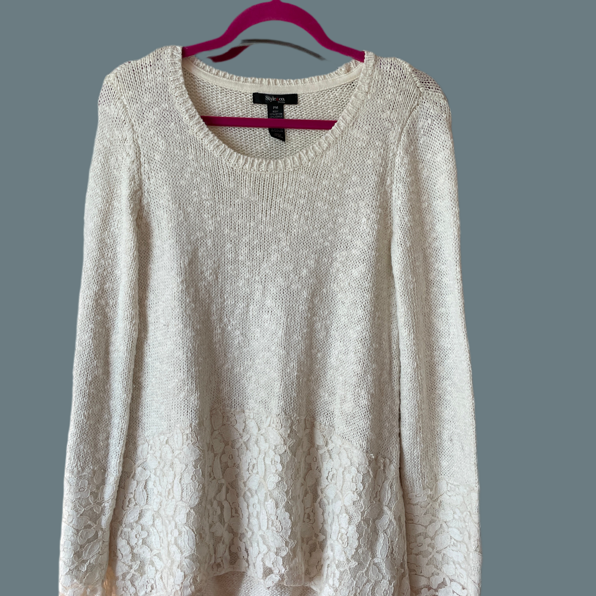 90s Vintage Style & Co Off White Cotton Acrylic Lace Design Pullover Knit Sweater M
