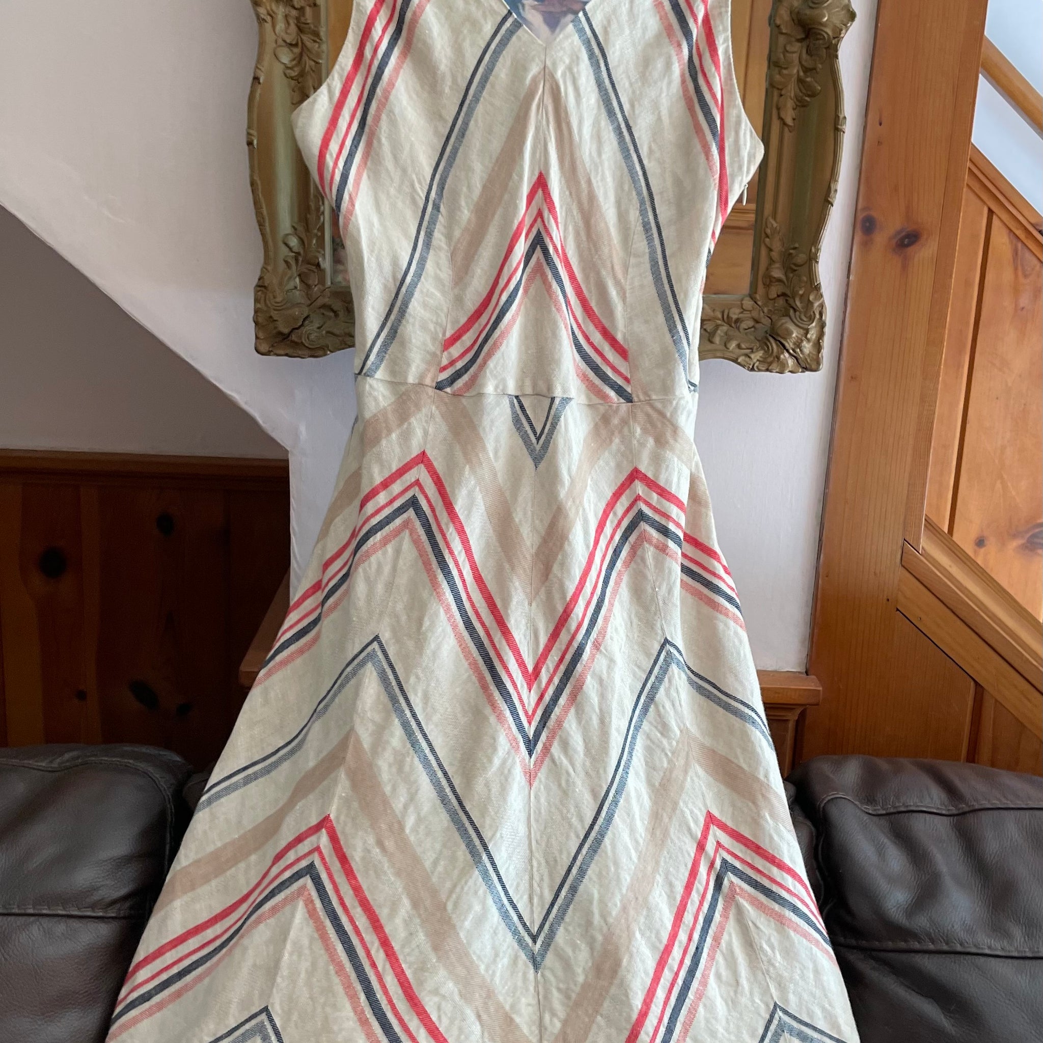 Summer Casual 100% Linen Stripe Sleeveless Flare Midi Dress M