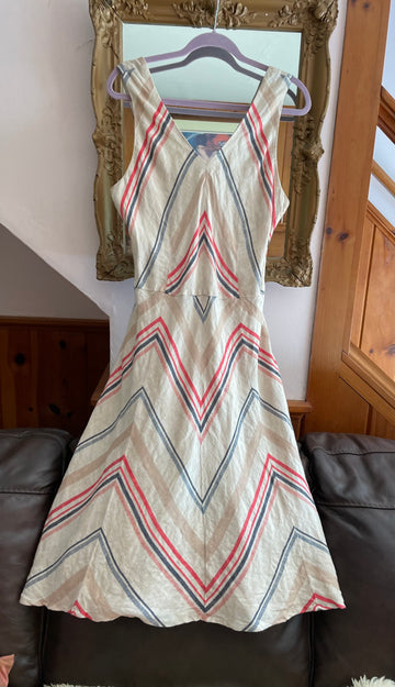Summer Casual 100% Linen Stripe Sleeveless Flare Midi Dress M