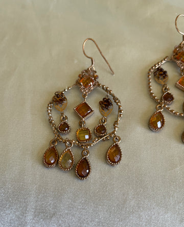 Handcrafted 90s Dangling Amber Glass Beads Boho Pierced Earrings