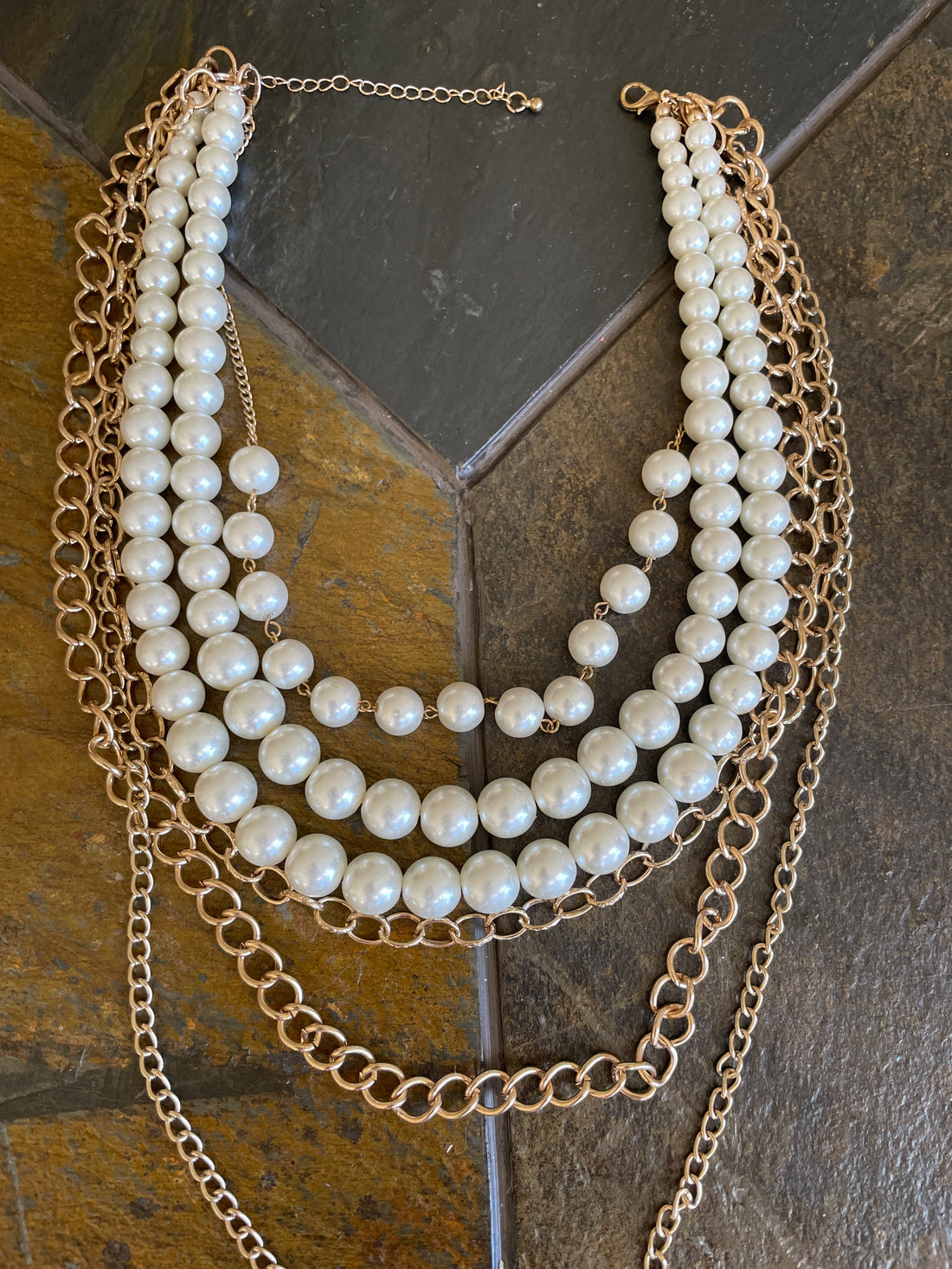 2000s Multiple Layered Chains Faux Pearl Costume Statement Necklace