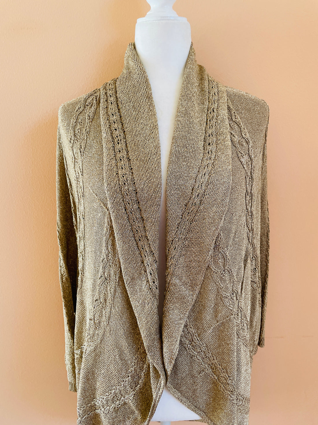 2000s Poly Rayon Shimmering Gold Open Front Cardigan Sweater 1X