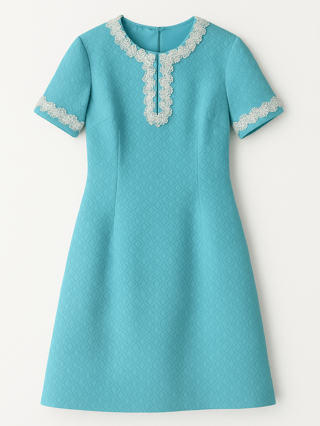 70s Vintage Handmade Baby Blue Lace Detailing Knee Length Pencil Dress. S/M