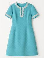 70s Vintage Handmade Baby Blue Lace Detailing Knee Length Pencil Dress. S/M