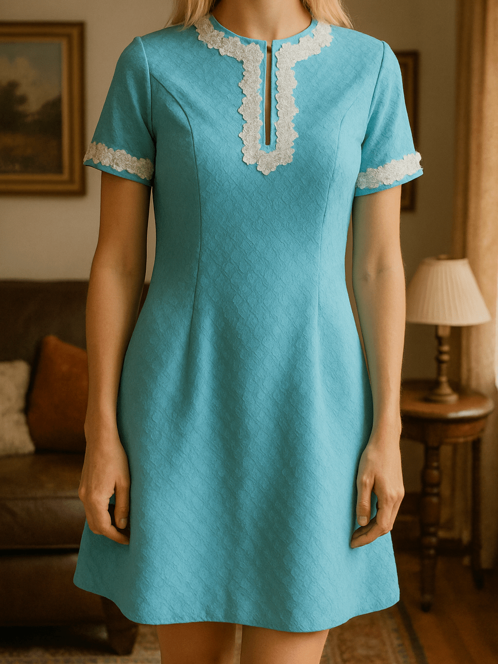 70s Vintage Handmade Baby Blue Lace Detailing Knee Length Pencil Dress. S/M