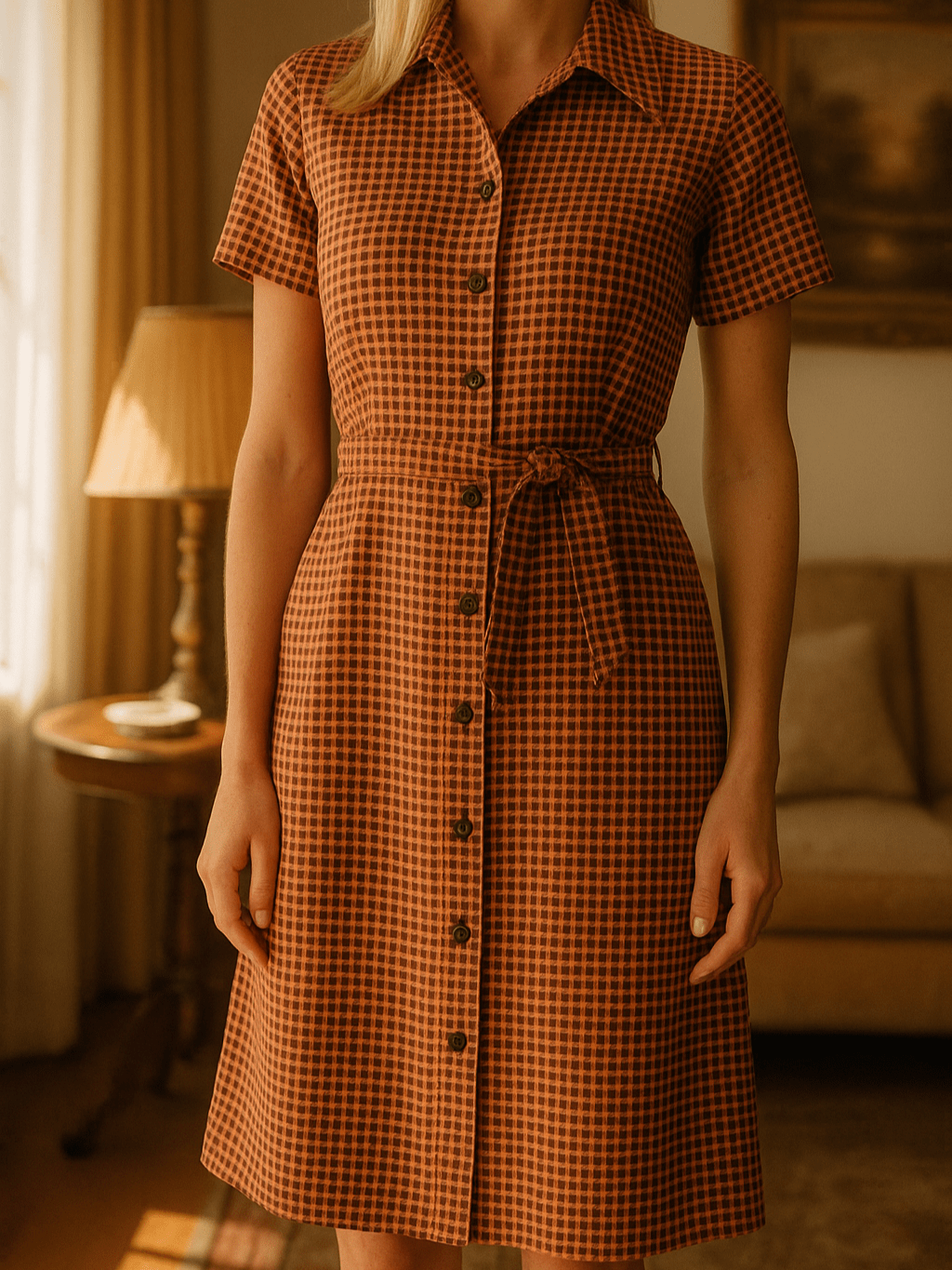 70s Vintage Handmade Orange Brown Tiny Check Tie Belt  Collared Daytime Dress S/M