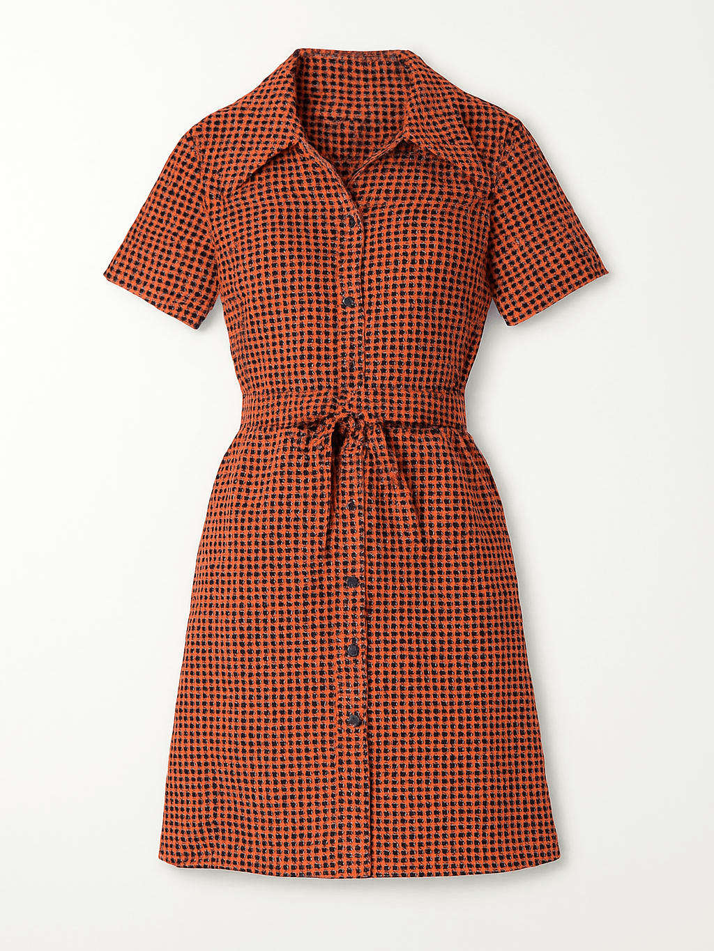 70s Vintage Handmade Orange Brown Tiny Check Tie Belt  Collared Daytime Dress S/M