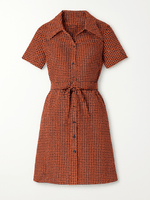 70s Vintage Handmade Orange Brown Tiny Check Tie Belt  Collared Daytime Dress S/M