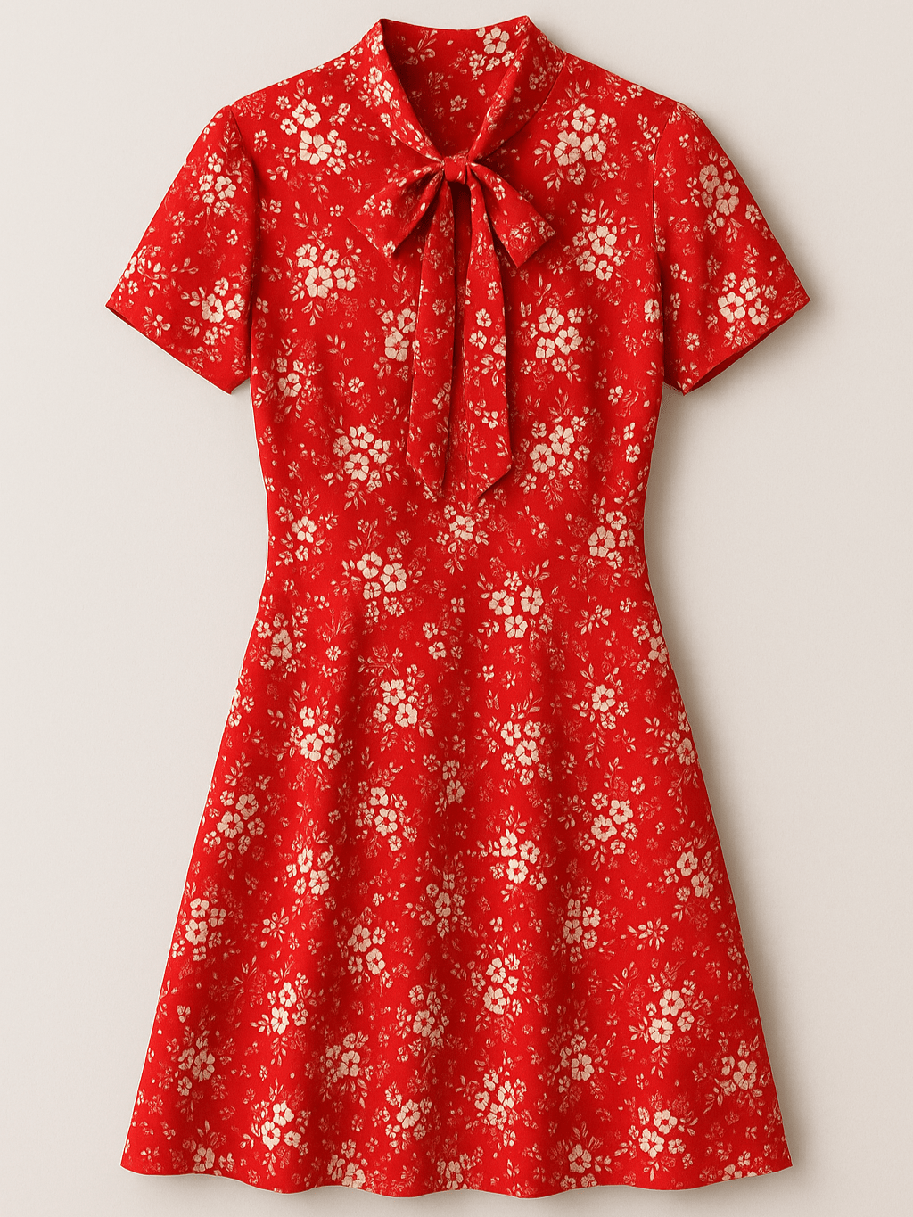 70s Vintage Handmade Red White Floral Print Neck Tie Dress S