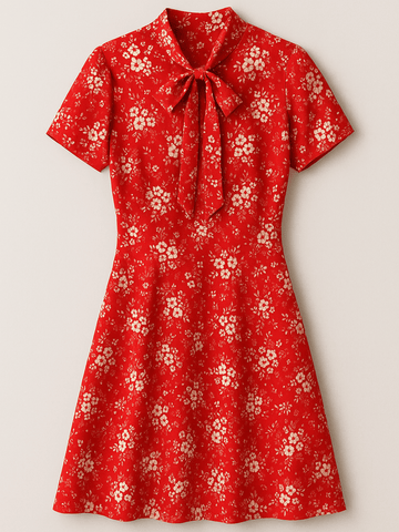 70s Vintage Handmade Red White Floral Print Neck Tie Dress S