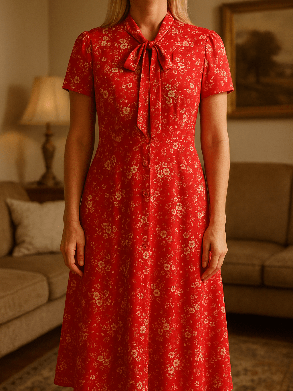 70s Vintage Handmade Red White Floral Print Neck Tie Dress S