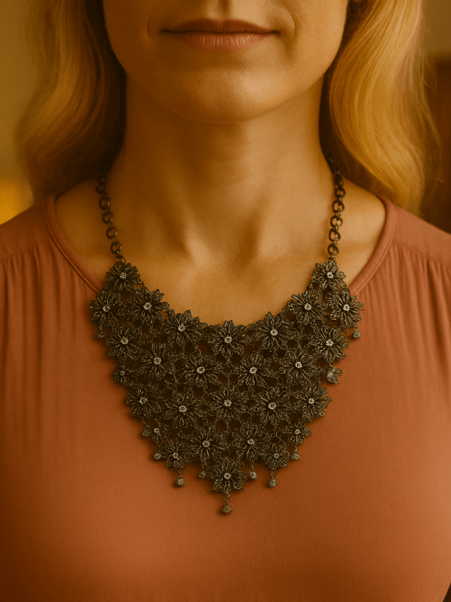 70s Vintage Lacy Flower Rhinestone Chainmail Necklace