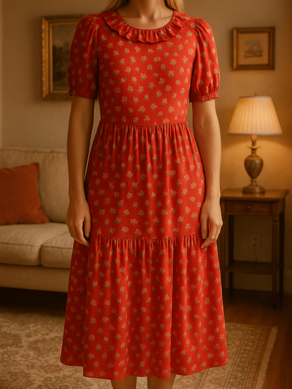 70s Vintage Red Floral Print Rayon Back Zip Collar Drop Waist Midi Dress Sm