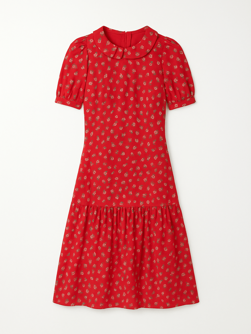70s Vintage Red Floral Print Rayon Back Zip Collar Drop Waist Midi Dress Sm