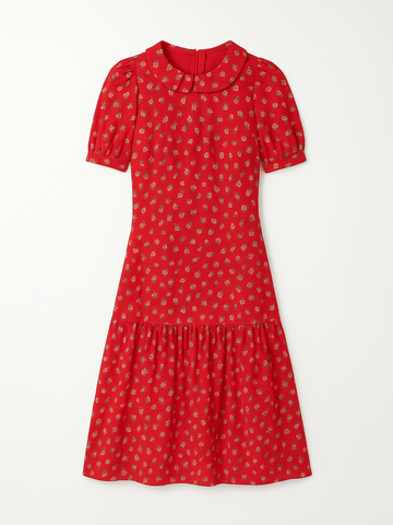 70s Vintage Red Floral Print Rayon Back Zip Collar Drop Waist Midi Dress Sm