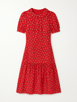 70s Vintage Red Floral Print Rayon Back Zip Collar Drop Waist Midi Dress Sm