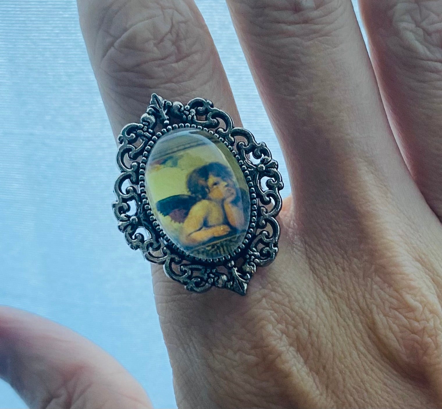 2000s Silver Tone Angel Cherub Ring 6.5