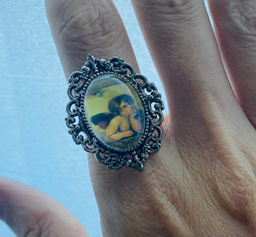 2000s Silver Tone Angel Cherub Ring 6.5