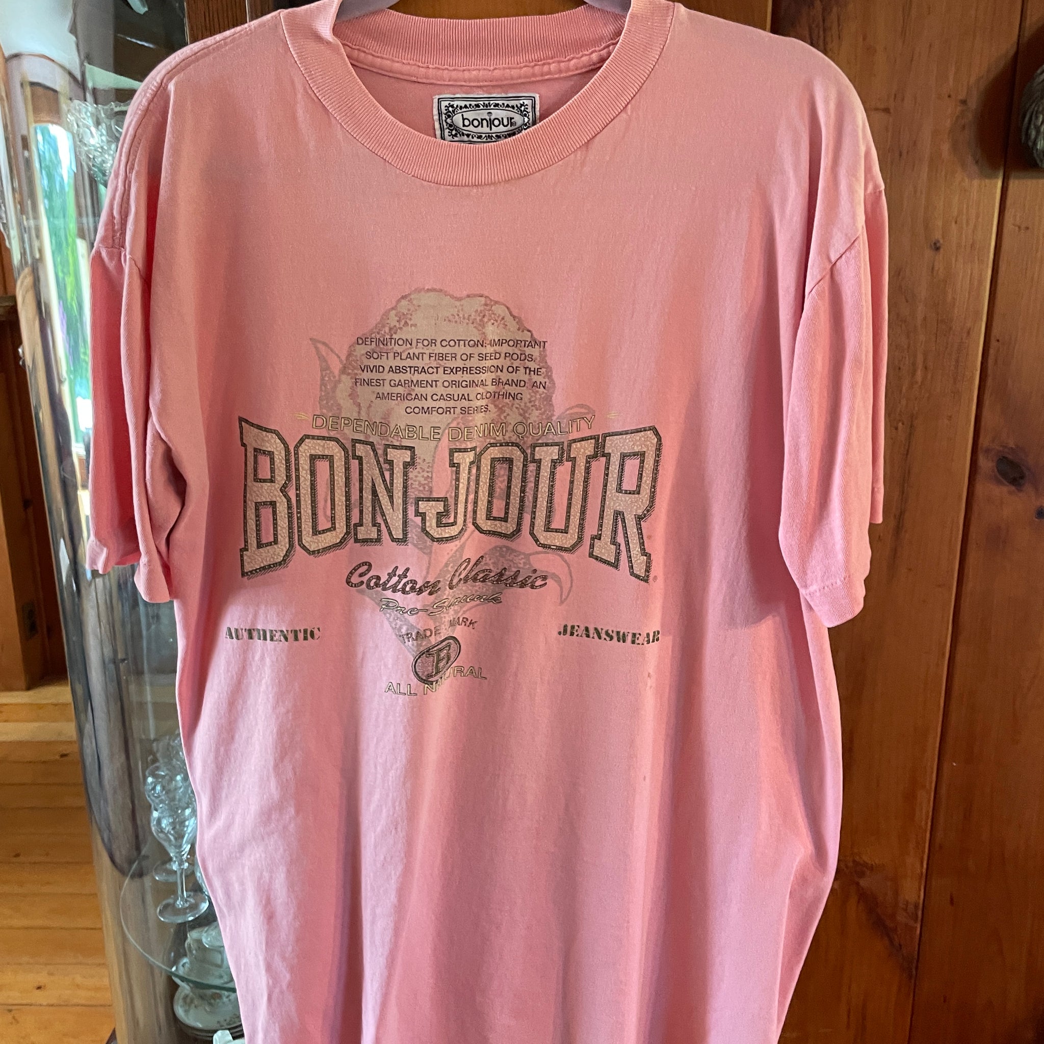 90s Bonjour 100% Cotton Free Size Pink T Shirt Top X/L