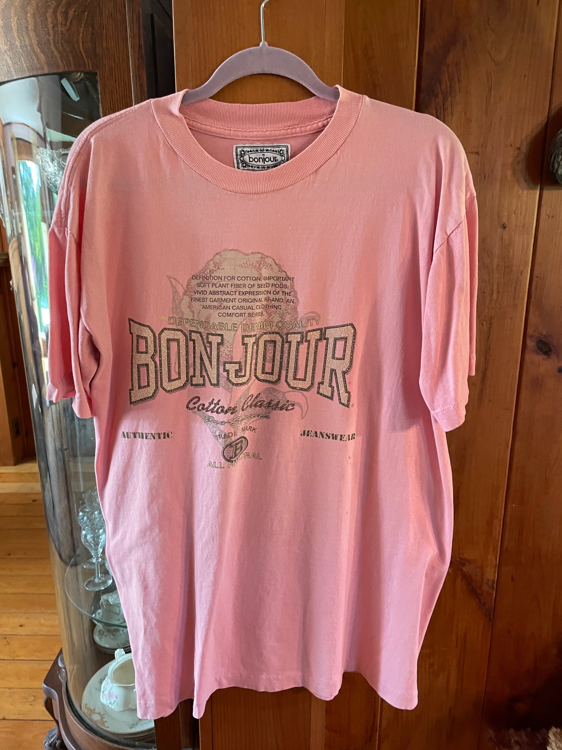  90s Bonjour 100% Cotton Free Size Pink T Shirt Top X/L