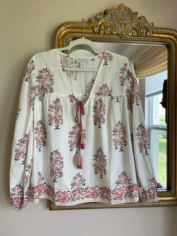 2000s White Floral Print Tassel Tie Full Sleeve Boho Top Lg