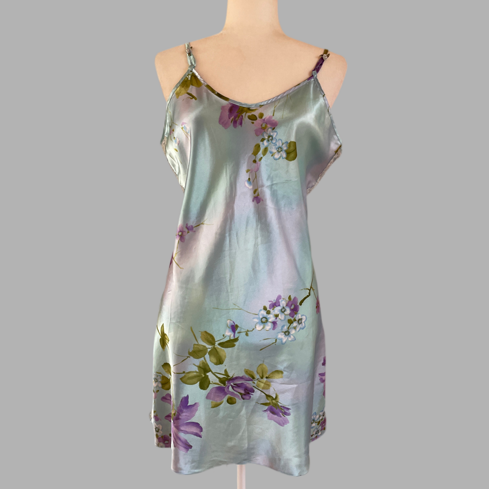 90s Vintage Silky Blue Floral Lingerie Chemise M
