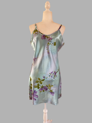 90s Vintage Silky Blue Floral Lingerie Chemise M