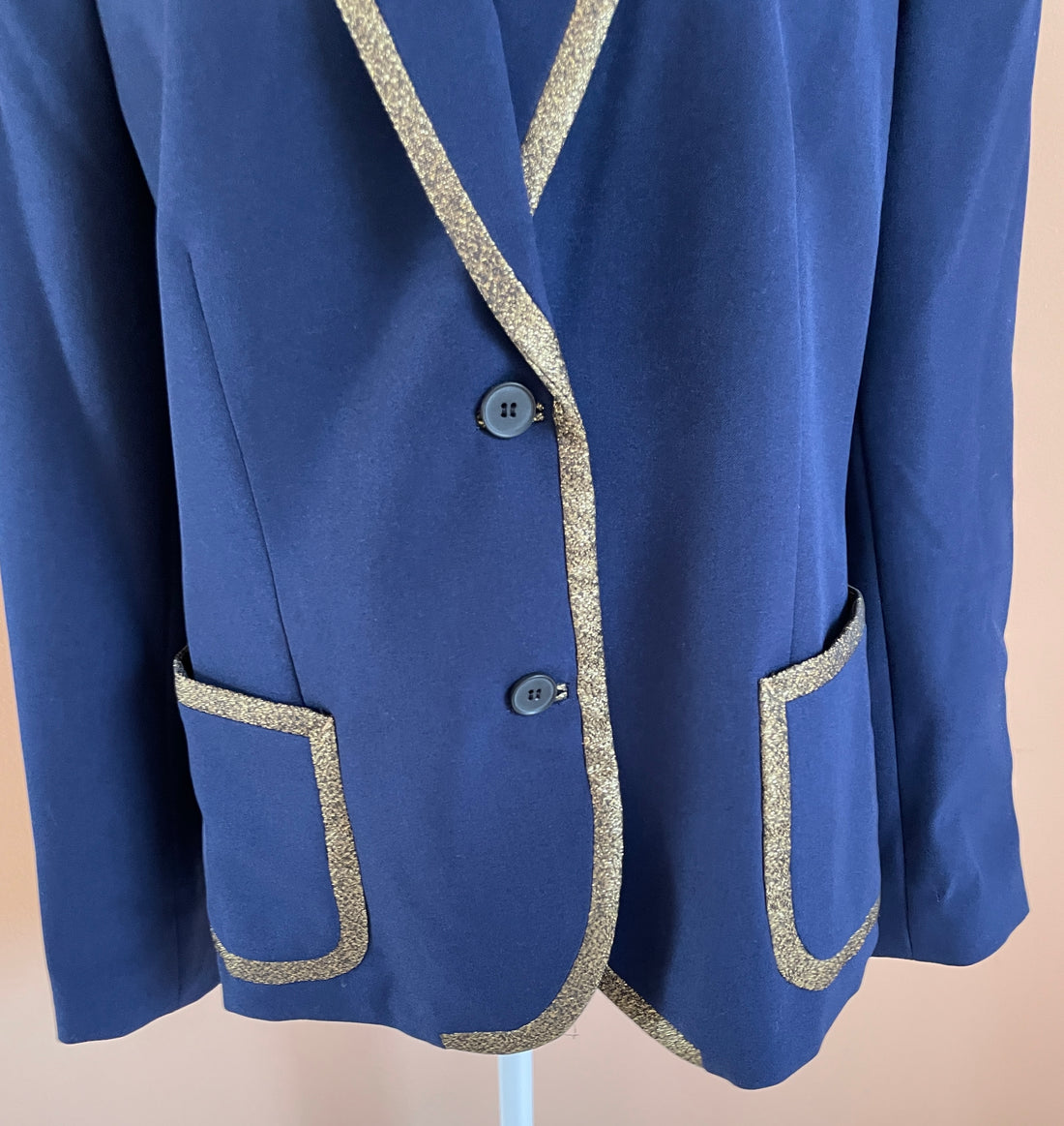 80s Vintage Anne Klein Navy Poly Golden Trim Lined Pockets Button Jacket L