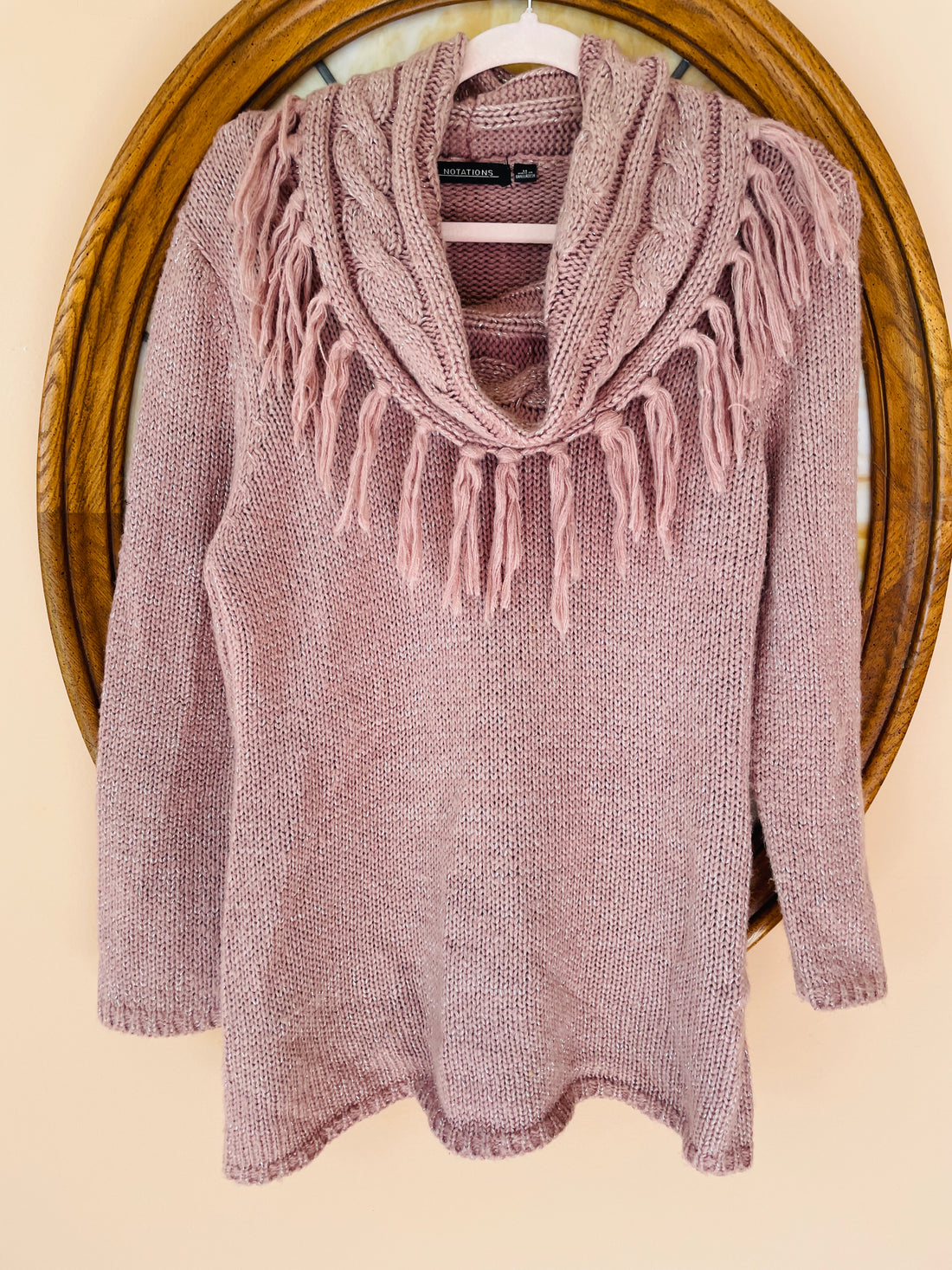 90s Pink Acrylic Fringed Cowl Collar Pullover Knit Sweater M