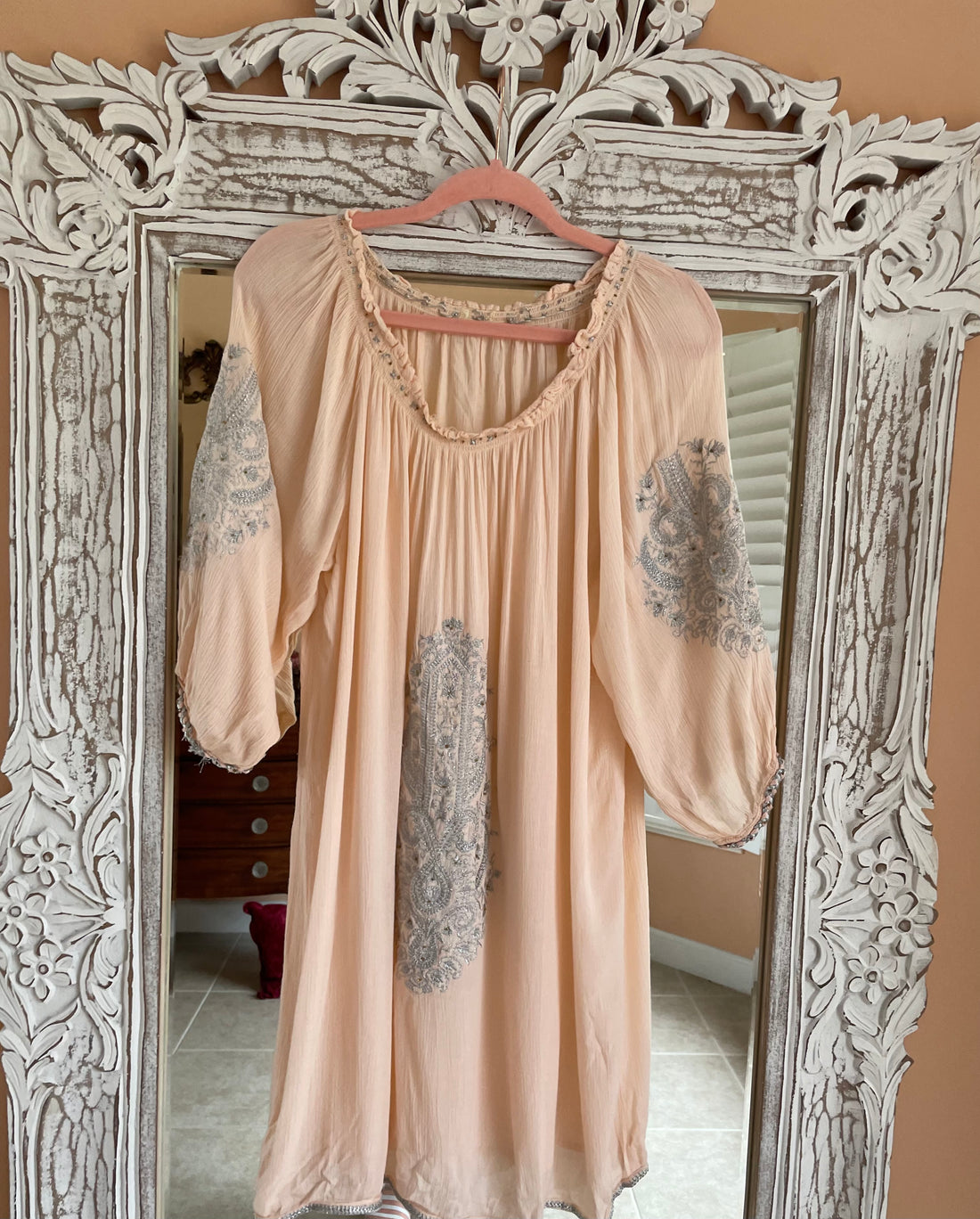 2000s Pink Rayon Silver Embroidery Lounge Casual Boho Dress Lg