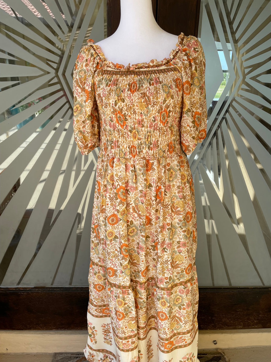 2000s Floral Rayon Lacy Smocked Bodice Puff Sleeve Tiered Boho Maxi Dress M