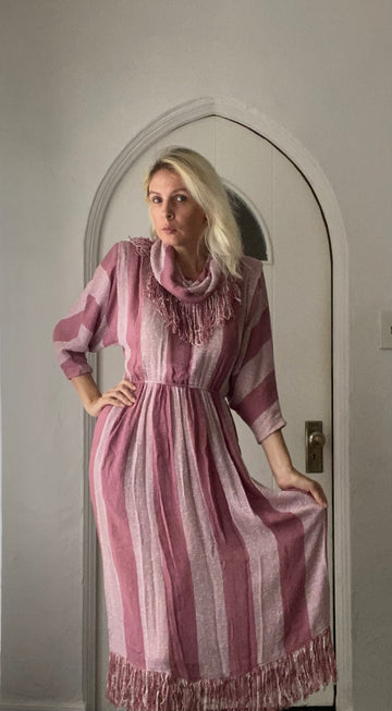 80s Woven Rayon Fringed Roll Color Pink Midi Dress M