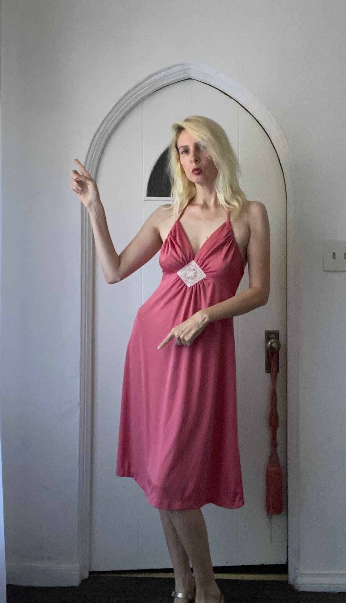 Vintage 70s Pink Poly Handmade Disco Dress S/M