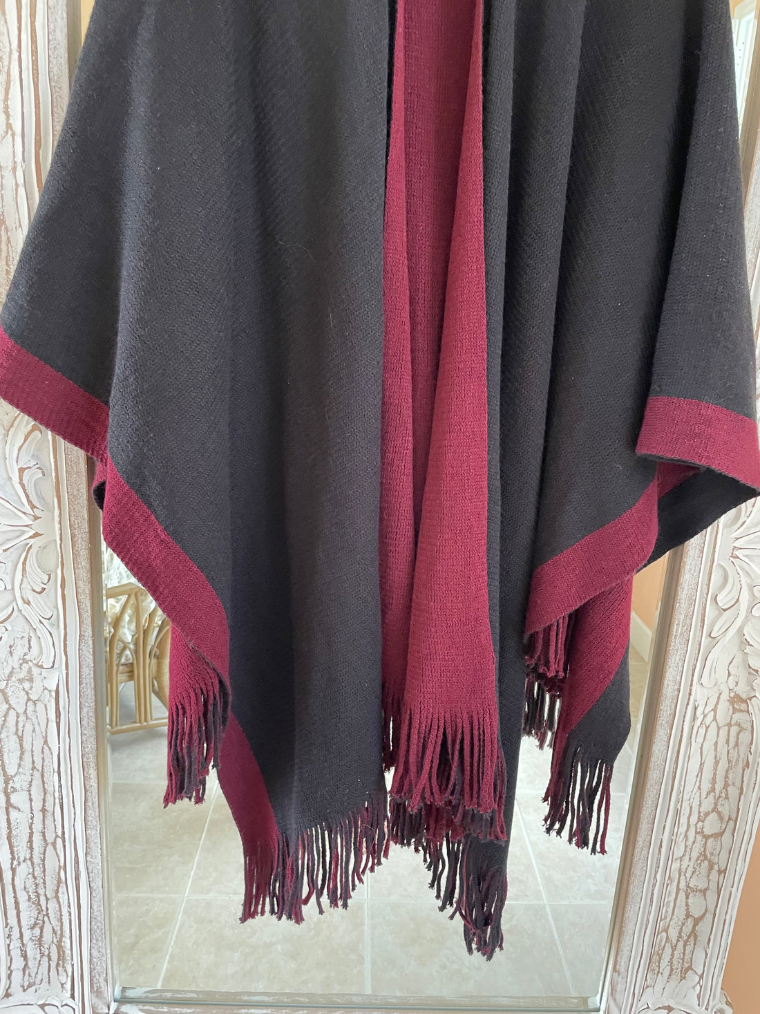 Catherine Black Burgundy Acrylic Fringed Cape. Free Size