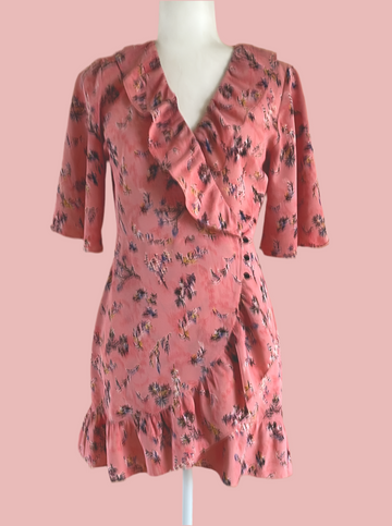 2000s Ruffled Floral Leaf Poly Pink Wrap Micro Mini Dress S