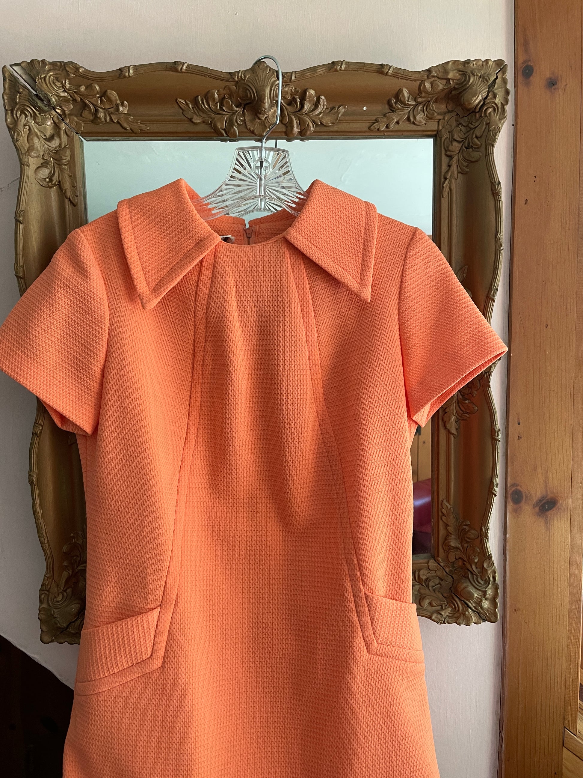  70s Mod Style Coral Poly Faux Flap Pocket Cool Dress S