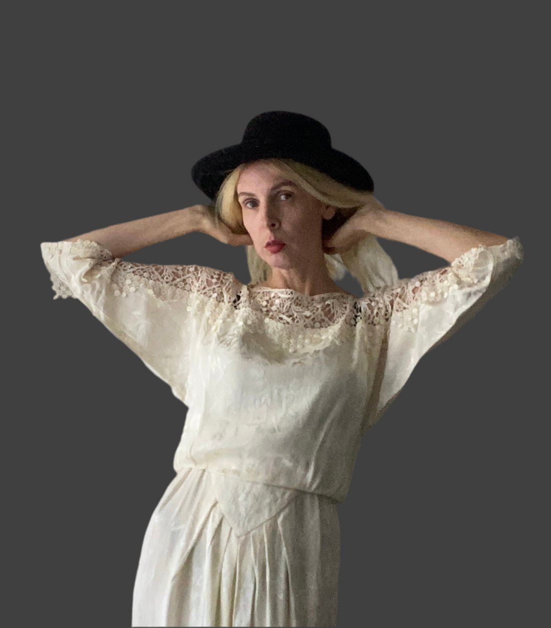 70s Vintage Off White Floral Leaf Embossed Design Rayon Crochet Detail Dress Sm