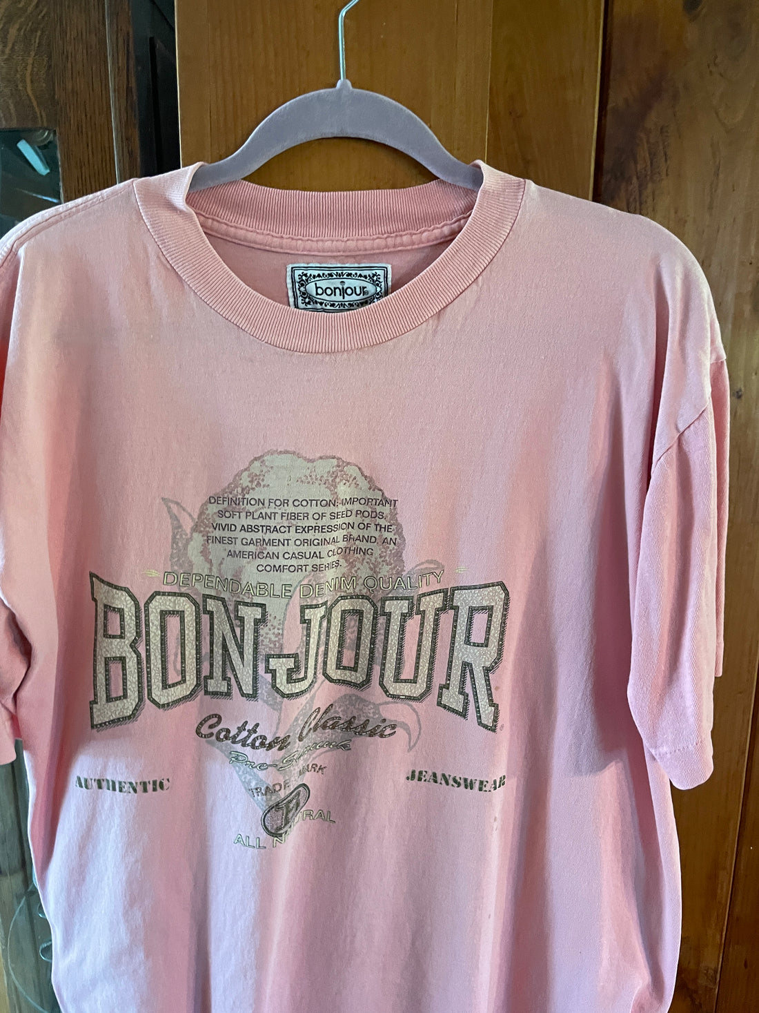 90s Vibes Bonjour 100% Cotton Free Size Pink T Shirt Top X/L