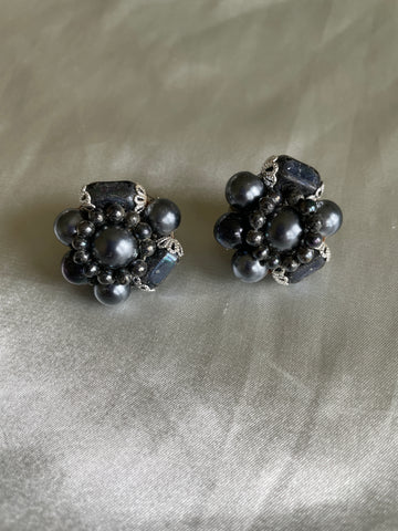 50s Gray Cluster Beaded Flower Clip Earrings