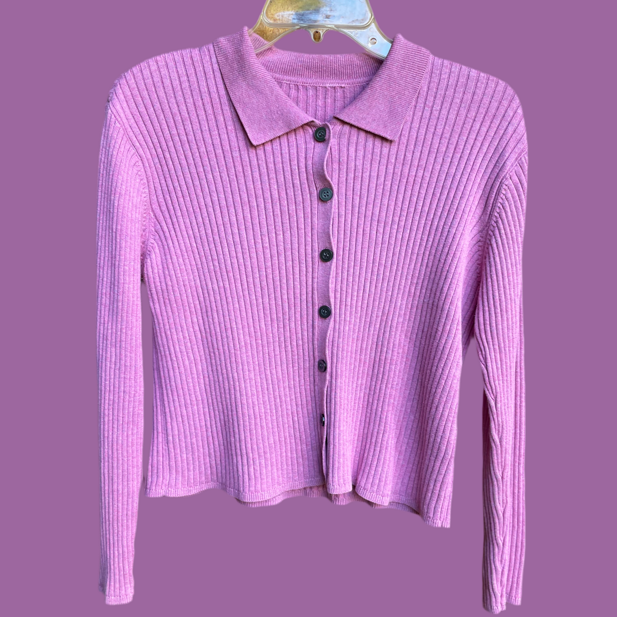 80s Vintage Button Down Pink Ribbed Cardigan Sweater S/M