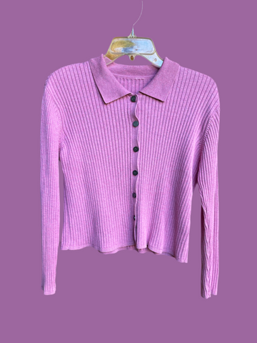80s Vintage Button Down Pink Ribbed Cardigan Sweater S/M