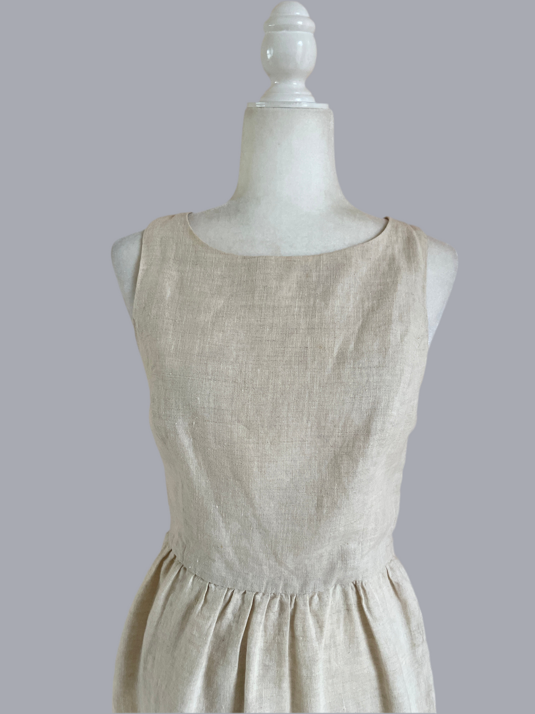 90s Vintage Beige Linen Panel Sleeveless Classic Summer Day Dress S