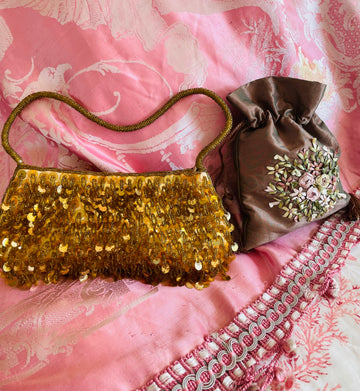 Vintage 6Os Gold Sequins Party Purse & Embroidered Tassel Pouch Bag