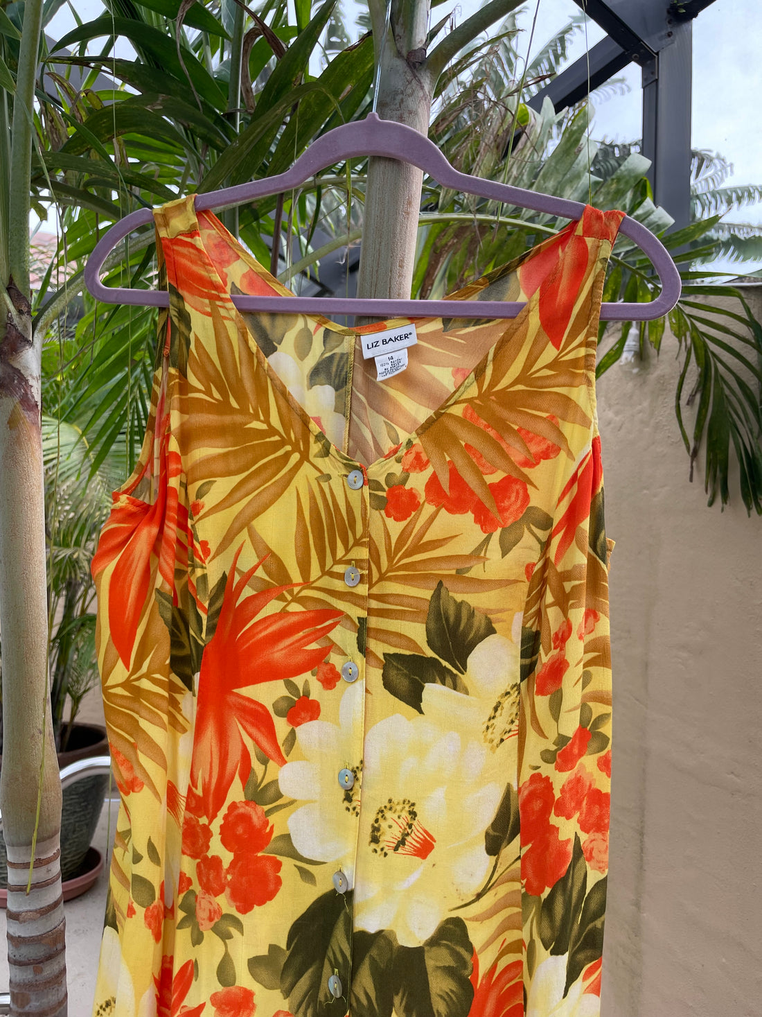 90s Vintage Florida Casual Floral Rayon Back Tie Midi Dress Lg