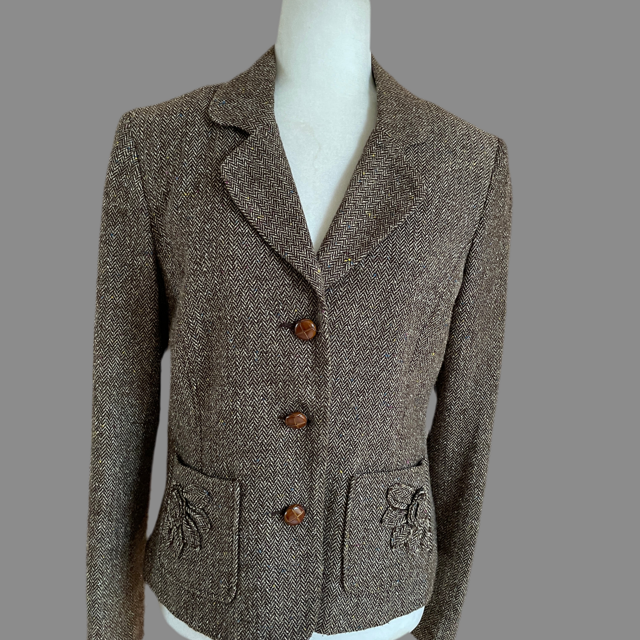 90s Vintage Fall-Winter Brown Tweedy Flower Pocket Wood Buttons Tailored Jacket M