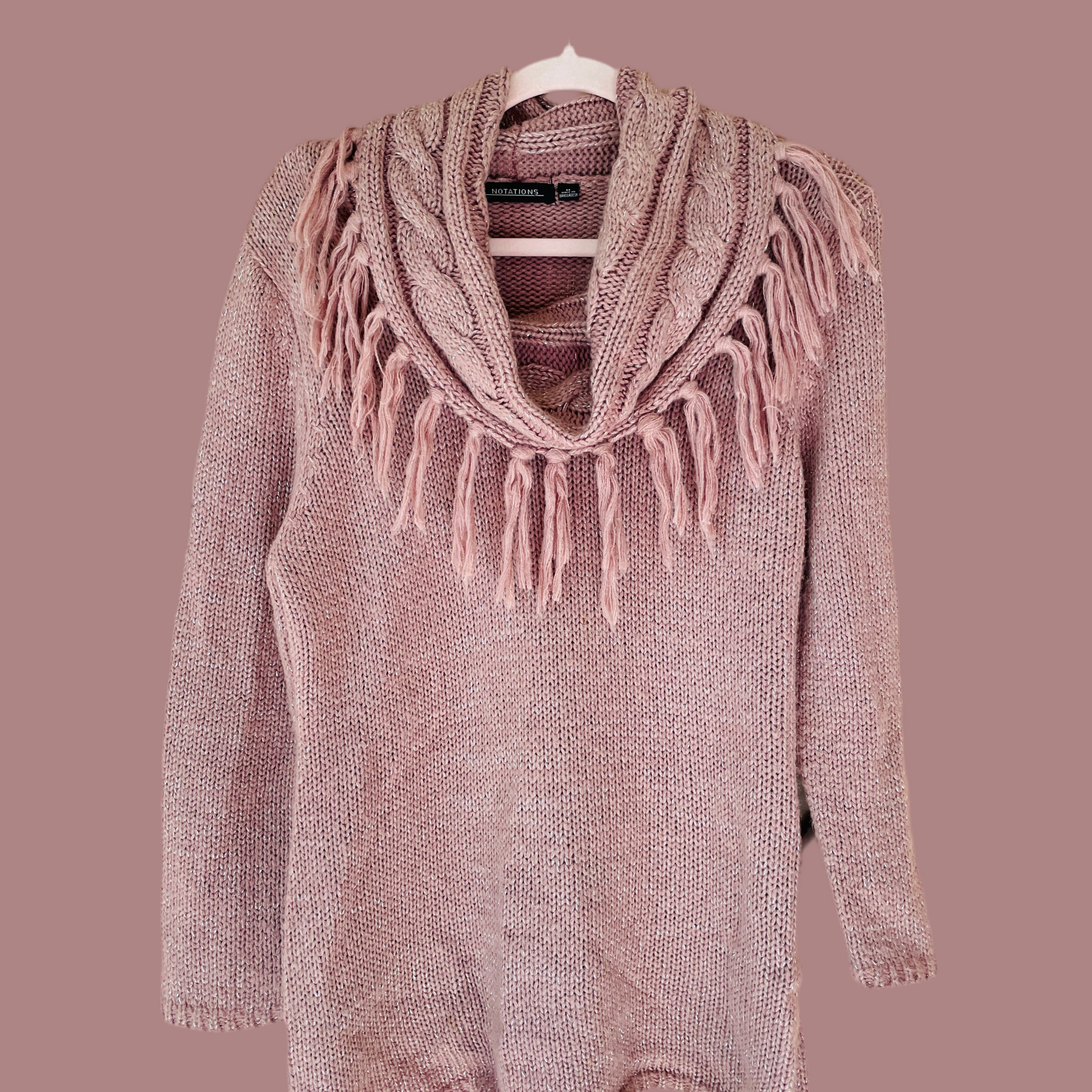 90s Pink Acrylic Fringed Cowl Collar Knit Sweater M