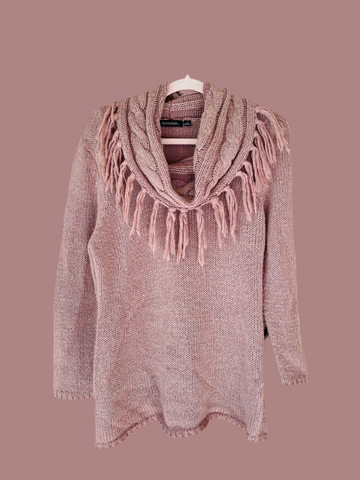 90s Pink Acrylic Fringed Cowl Collar Knit Sweater M