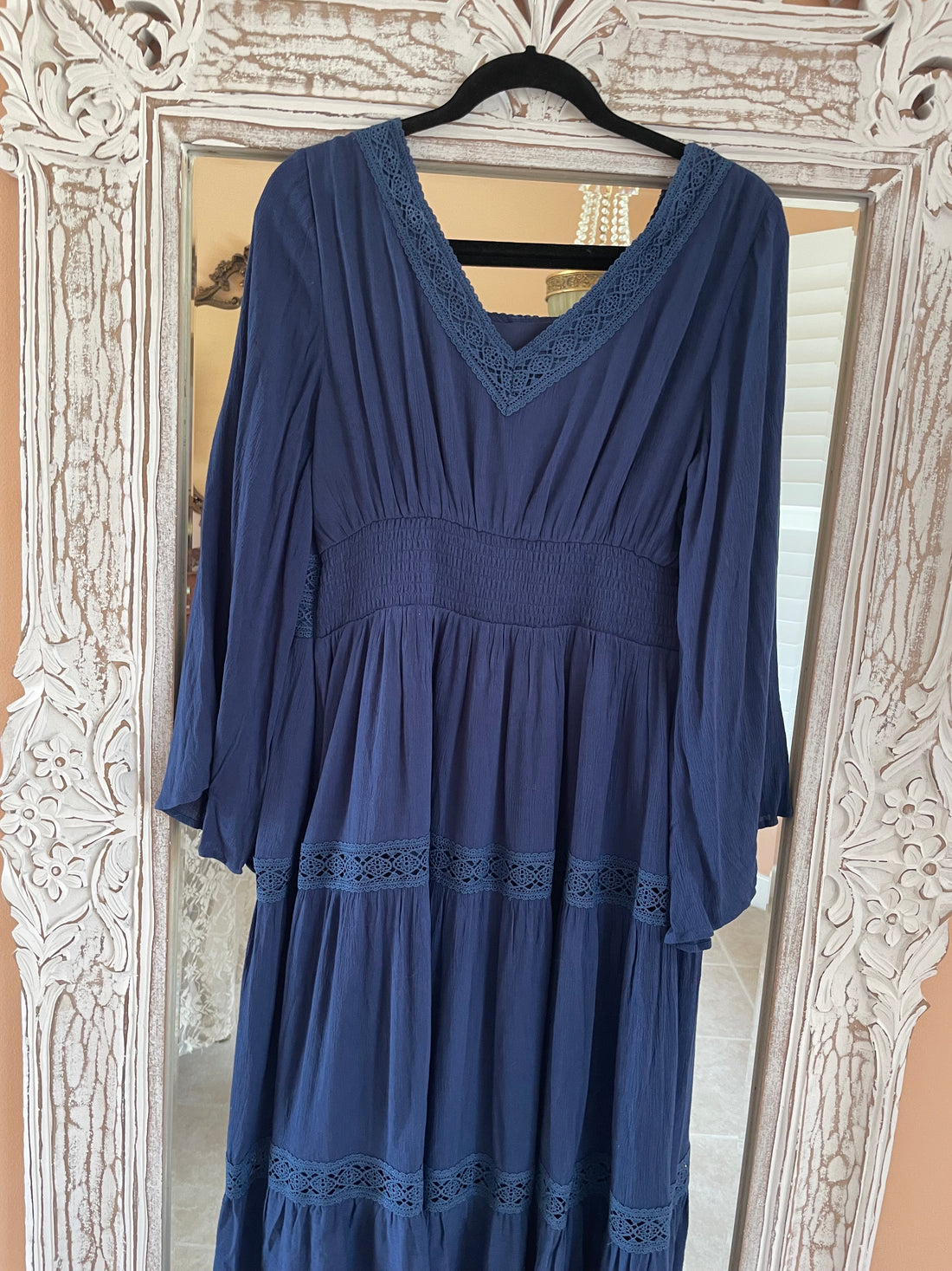 Scarlet Darkness Dark Blue Tiered Lace High Waist Maxi Dress M/L