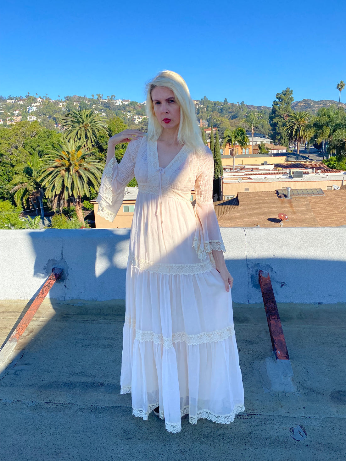 Vintage 70s Off White Angel Wing Lace Trim Maxi Dress XS/Sm