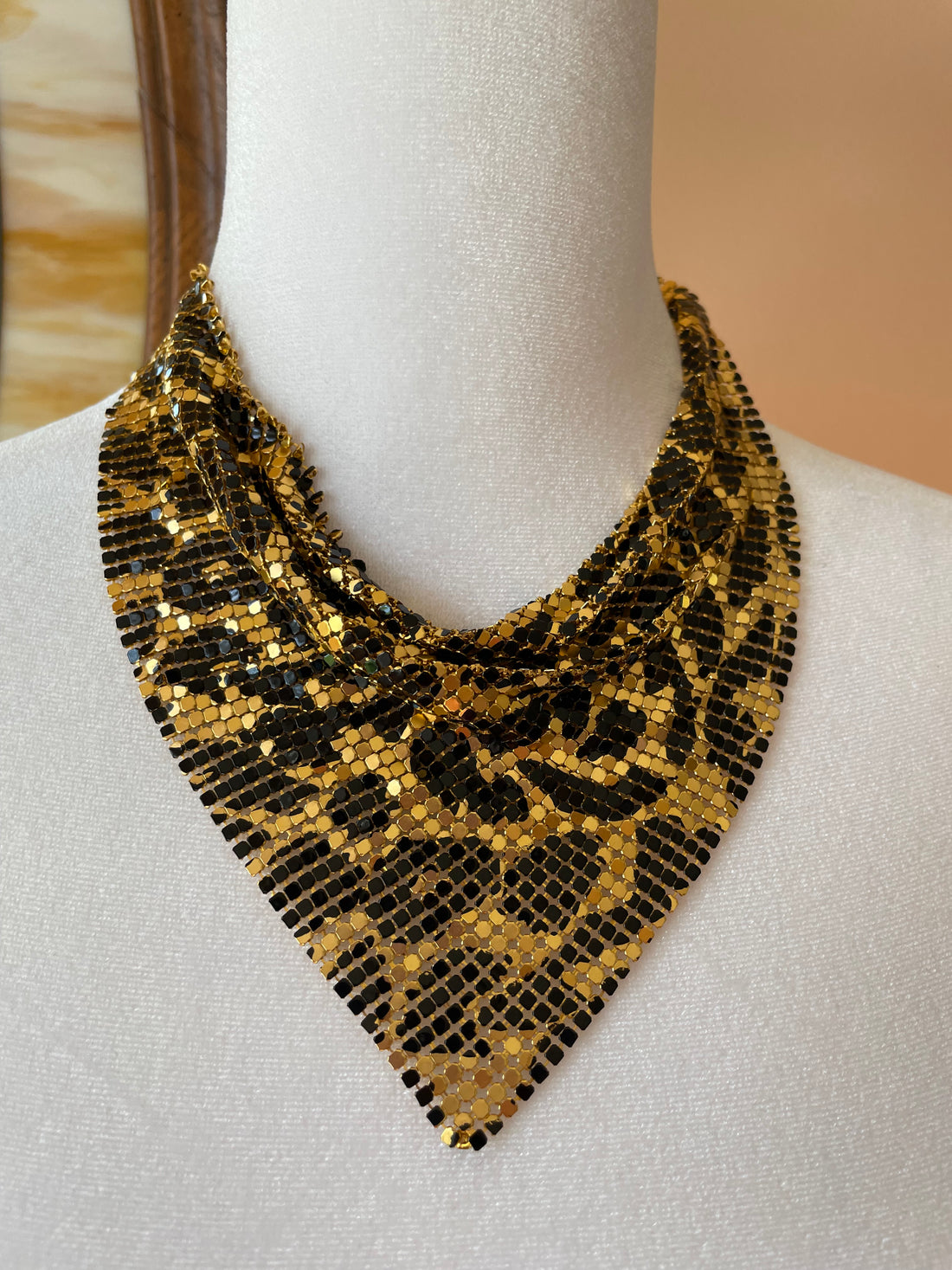 2000s Gold Tone Mesh Draped Choker Necklace Earrings Set.